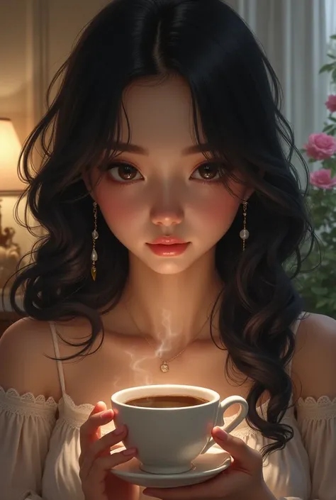 Black hair long perm, girl, cool beauty with visible deco, cute rabbit, looks at coffee with both hands and seems to love it
