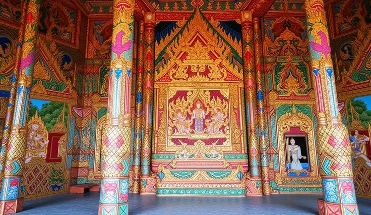 Mural Thai painting. the interior small-sized old Thai-styles house set in a Thai ancient city. The temple is adorned with classic Thai decorations, showcasing an ancient and timeless charm. The atmosphere is humble and serene, exuding a sense of simplicit...