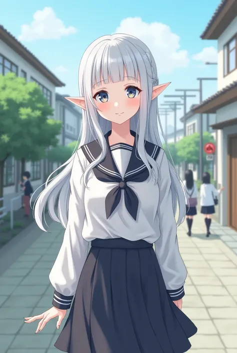 Highschool girl, white hair, elf ear, school uniform 