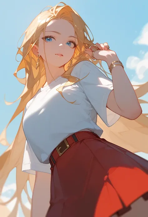 A girl with long golden hair and blue eyes, dressed in a white shirt and a tight red skirt. Rings and earrings. Direct angle