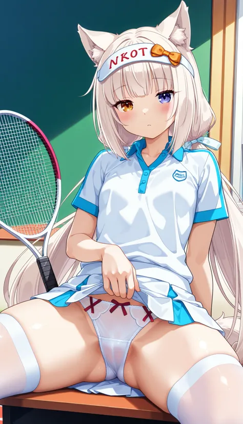 vanilla, NEKOPARA,   with ribbon decorations on her head,   in tennis uniform with white miniskirt Women in white tights,  At home high quality Anatomy Perfect Nekomimi, show panties