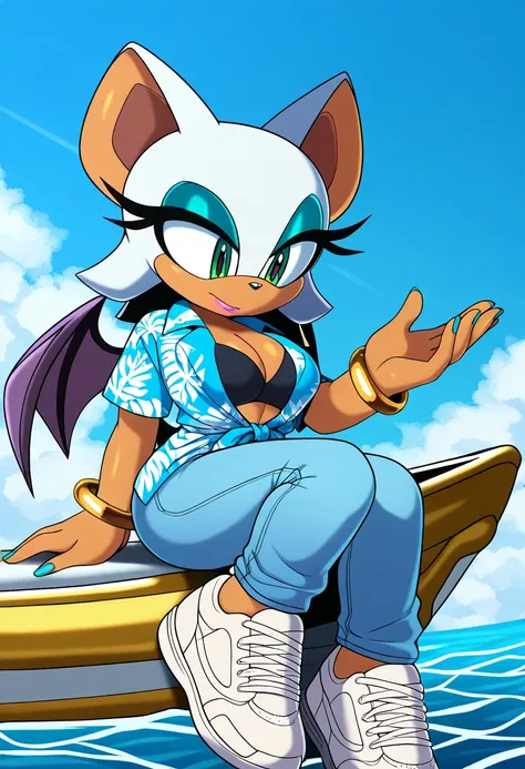 score_9, score_7_up,(Solo) 1girl, rouge, short hair, white hair, green eyes, bat ears, bat girl, bat tail, bat wings, furry female, makeup, eyeshadow, eyeliner, light blue Hawaiian shirt with palm patterns, light blue jeans, white footwear, golden watches ...