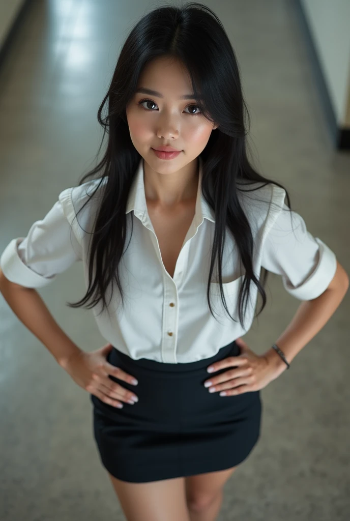 Very pretty office young woman, office uniform, mini skirt, Pretty face, hands on hips, High details, Beautiful. Black hair, Masterpiece, Super Detailed, Textured Skin, Realistic, Full body, POV, from above, High Resolution, Anatomically Correct, Accurate,...