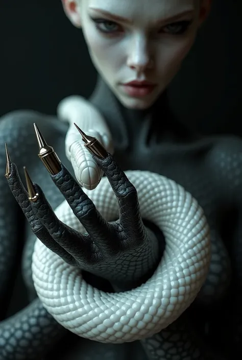 A close up With a hand With long nails, futuristic humanoid With Black and White Snake skin, with a White snake around hand