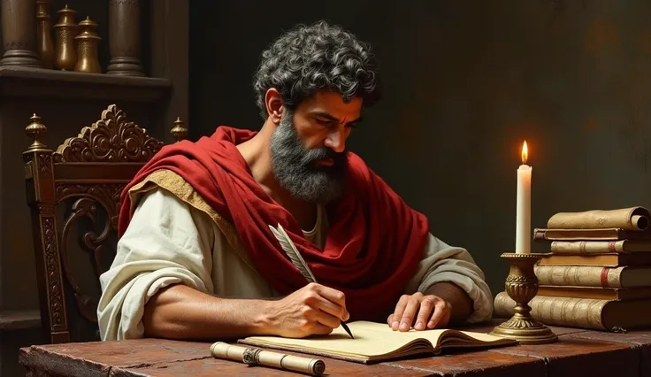 "A realistic oil painting of Marcus Aurelius sitting in a grand study, surrounded by ancient scrolls and books, writing in his journal with a quill, a candle flickering beside him, capturing his wisdom and introspection."

