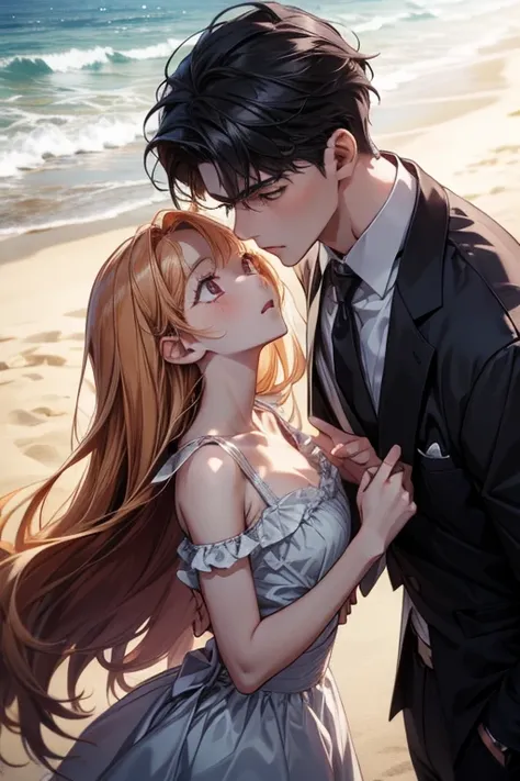 anime couple, boy and girl, close to each other, beach background, sharp eye details, sharp face details, body details, for 4k and 8k images