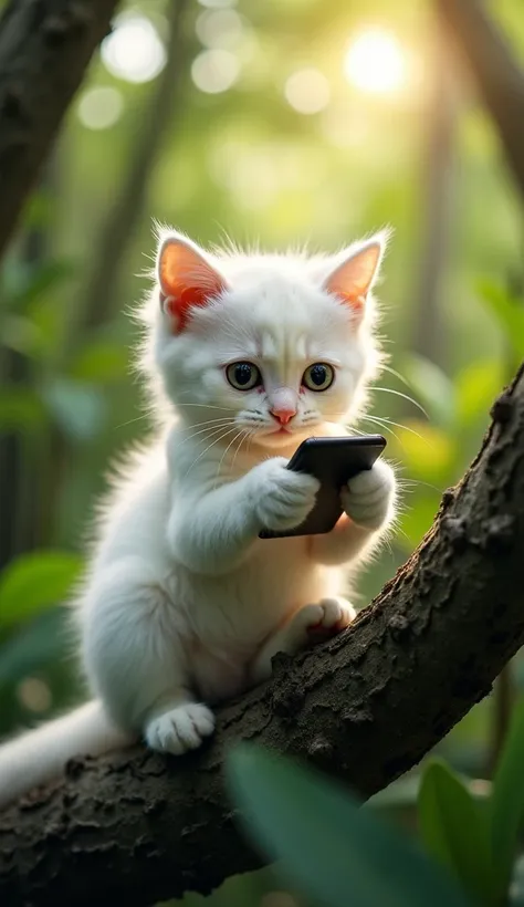 "A playful and curious scene in the jungle where a white cat is perched on a tree branch, holding a mobile phone in its paws. The cat, with wide, focused eyes, is tapping at the screen, as if trying to figure out how it works. The jungle around her is lush...