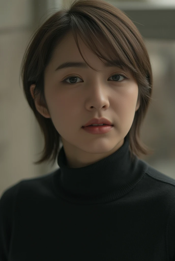 there is a woman with a short hair and a black shirt, portrait of female korean idol, unique hairstyle, over exposure background, black turtleneck, photo of the girl, by Zou Zhe, 🍂 cute, young with long hair. rim light,