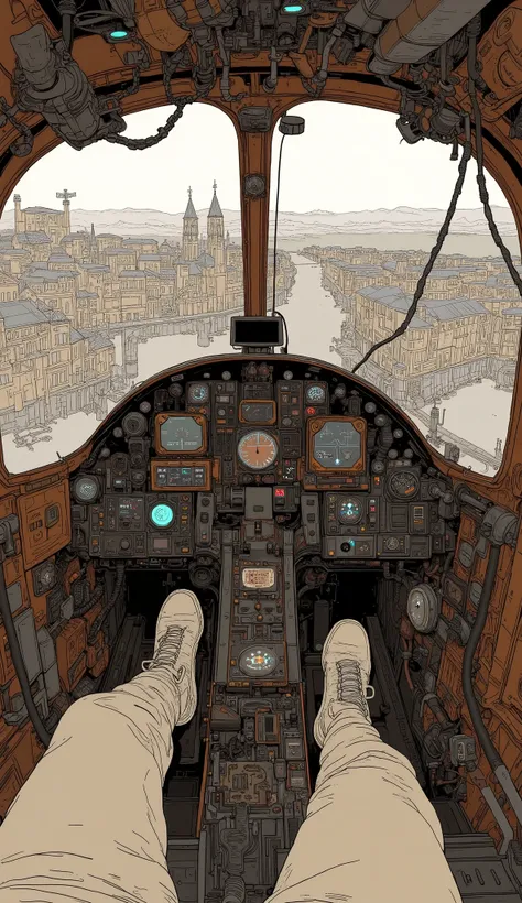   steampunk/   steampunk/   steampunk, １6th century  、１6th century  のヨーロッパの街並み、  airplane cockpit  , Small Instruments  、(((First Person、  One Pilot's Hands and Feet  )))、Analog Instruments  ,   Reinforced Plastic Aircraft  、  Reinforced Plastic Canopy ,  ...