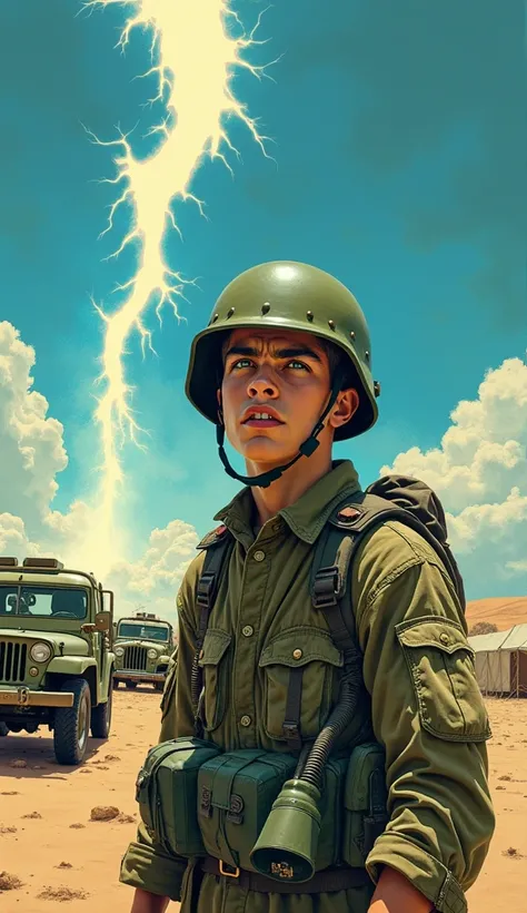 A 1950s military desert base at dawn. The sky is torn by jagged, glowing cracks (electric blue/white). A young white male soldier (mid-20s), sharp cheekbones, angular jawline, short brown buzzcut, pale green eyes, lean build (5'11"), wearing an olive-drab ...