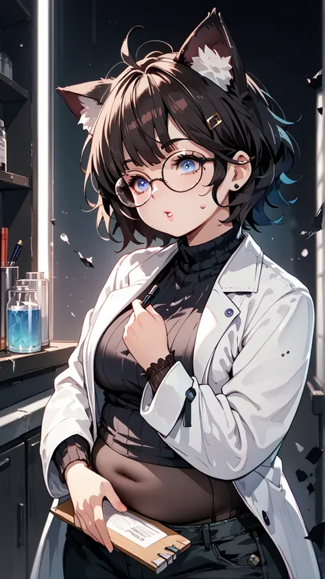 A fantasy RPG scene featuring a woman with dark brown, short messy hair and black cat ears. She has blue eyes, a chubby fat stomach, and realistic proportions. her white lab coat with a white top and black pants is detailed, including a boob window. She we...