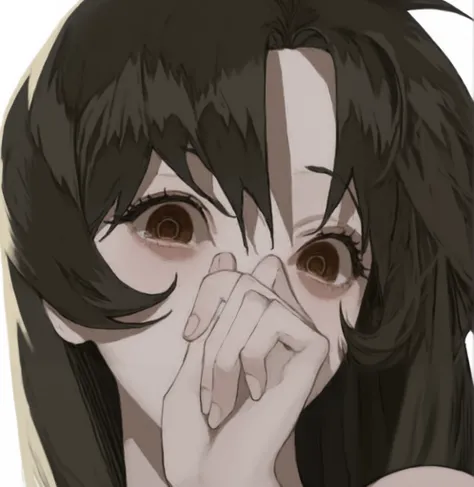 anime girl with long dark brown hair covering her face with her hand, akane owari danganronpa, gapmoe yandere, chiaki nanami from danganronpa, ahegao face, detailed anime face, huge anime eyes, tired and haunted expression, yandere, ahegao, made with anime...