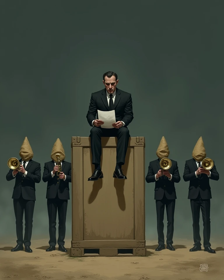 A 2D illustration in the style of Adam Reed, horror-themed atmosphere. Empty field with a tall rectangular crate at the center. A man in a suit sits on the crate, holding a paper with both hands. Behind him, five men in suits stand in neat rows (side-by-si...