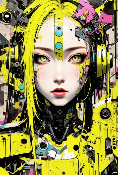 ((best quality)), ((masterpiece)), (detailed), perfect face of cyberpunk mecha japanese girl, neon yellow eyes, neon yellow body, neon yellow hair, ((monochromatic neon yellow color palette)), surreal, art nouveau, in the illustrative style of moebius, spa...