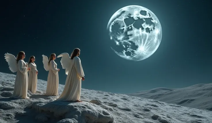 Jesus Christ is standing on the moon’s surface.

And from there, He is happily watching the  Earth.

Along with Him, four female angels are standing.



Everything else should remain the same,
with a realistic 4K quality and vibrant colors,
just like a mod...