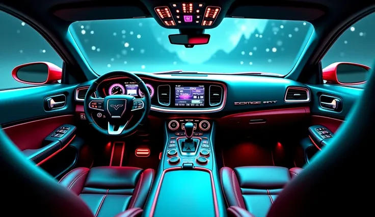 "Interior of a classic 2025 Dodge SRT Demon, viewed from inside the car, with an overload of futuristic controls and settings. The dashboard is crowded with an array of holographic displays, digital touchscreens, and glowing buttons, making it look more li...