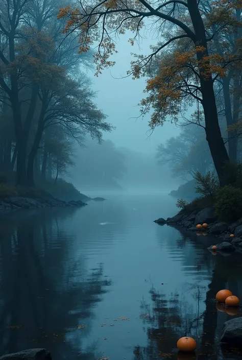 A cold lake at night , There is fog and there are trees full of bergamot and tangerine and there are citrus juices staining the whole block and the lake