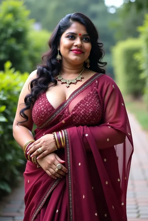 Fit, full Maroon saree, Big lips, full body picture , curvy, wet Desi woman showing her big ass  in sexy THONG pattern sexy  lingerie and showing big boob cleavage and in nose ring, many bangles in hands,earings, necklace ,lipstick ,navel,Indian, Chubby, s...