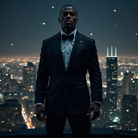 A powerful Black man in a black tuxedo, standing on the rooftop of a skyscraper at night, overlooking the city like a modern-day secret agent.