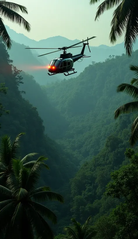 "A dramatic scene where a police helicopter is flying low over a dense jungle, its powerful blades cutting through the air. The helicopter’s flashing lights create a stark contrast against the lush greenery of the jungle below. The trees sway slightly in t...