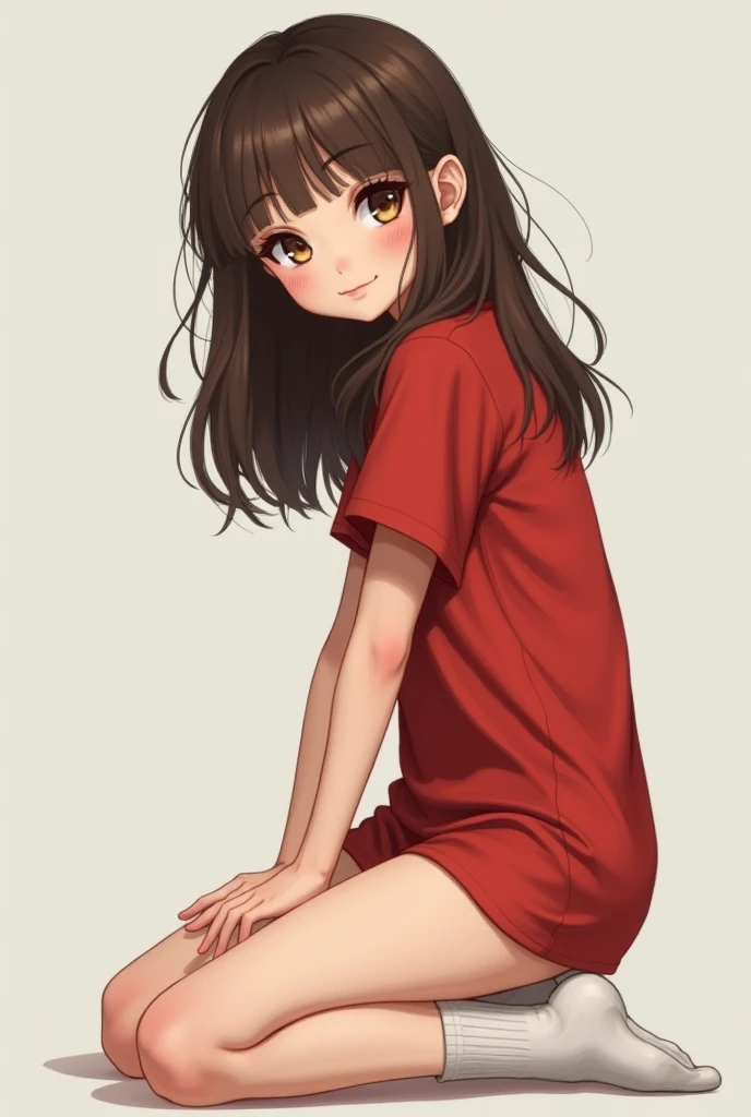 Side shot of a kneeling asian cute girl brown hair ager facing the camera,good leg. Wear white socks I didn't put anything on the bottom. Wear a red t-shirt, no underwear.