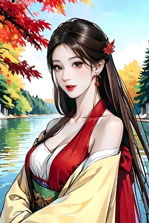   intense watercolor、 ink painting、 beautiful woman in a Japanese garden  、 random pose、  thick brown hair、  very elaborate face in a body of water 、 red lips、 beautiful brown eyes 、 perfect style、Moderate bust、 fall season , Red maple leaves turn red 、  w...