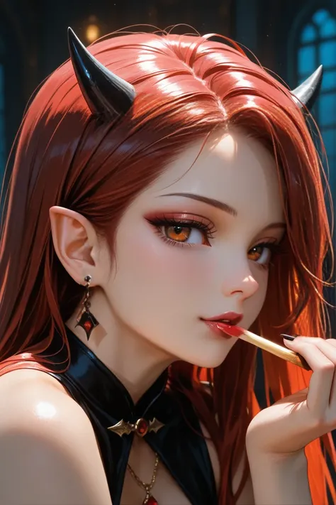 masterpiece, best quality, amazing quality, very aesthetic, 1girl, vampire, small horn, red smoking, semi-realistic,