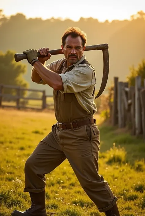 Ultra-realistic cinematic photograph of [insert Hollywood actor's name, e.g., Brad Pitt] standing in a sunlit meadow, holding a rustic scythe with both hands. The actor is mid-motion, swinging the scythe to cut tall, golden-green grass. His attire is rugge...