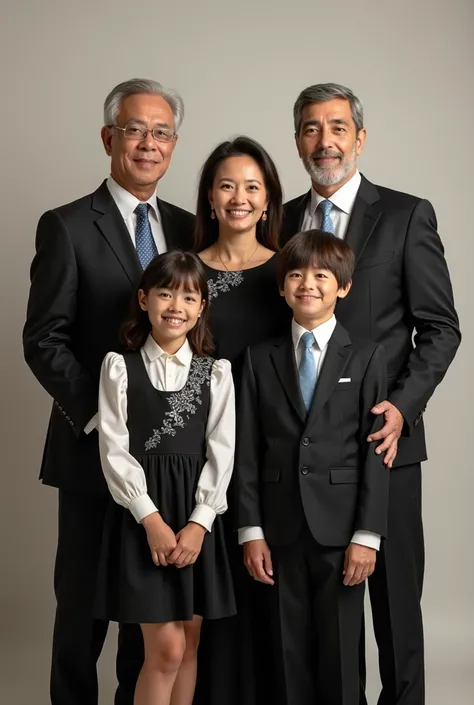 Family photo of 5 people. 50 years old father, 50 years old mother, 30 years old sister, 27 years old brother and 25 years old brother. All of them formal clothes 