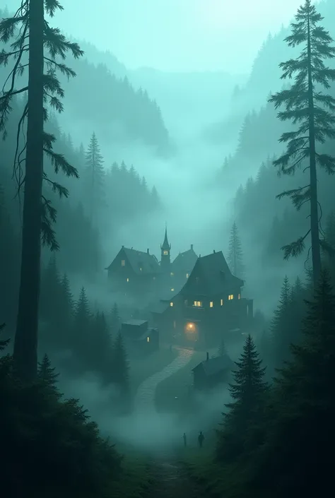 "A small town surrounded by dense forests covered in thick, evergreen fog.