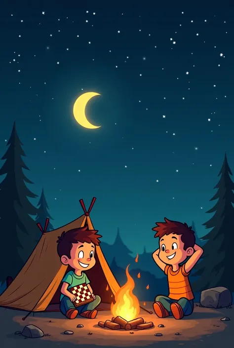  Make me a simple cartoon about this Scene : Starry night at a camp .  Jorge and Javier are sitting by a campfire with a tent nearby. The moon lights up the sky.
 characters:  Javier holds a checkerboard and smiles . Jorge,  with his arms behind his head ,...