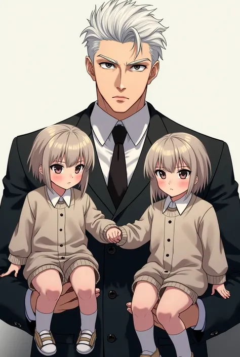 Make a handsome anime guy,his hair colour is white, his eyes colour is black and his face is serious. He was holding twins three year old cute s that wear the same cloth