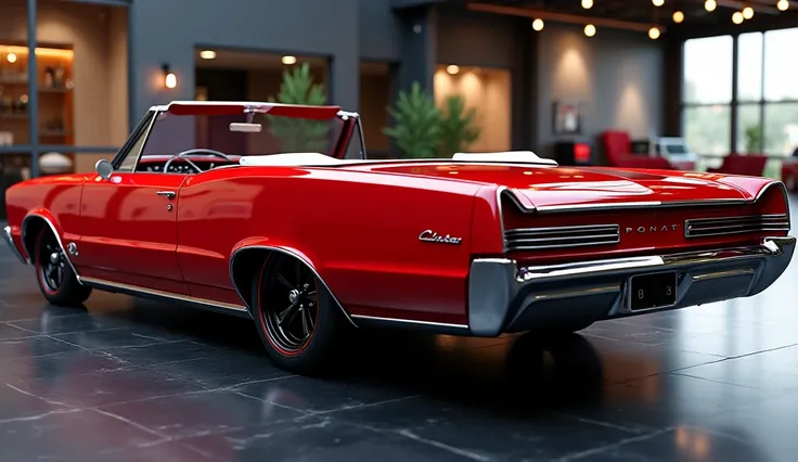 Create a 3d render (back  side view) review car design 1965 Pontiac GTO convertible (red) colour with a “( Pontiac) ” logo on back  “ on its  back end look. and Headlights“in pure glossy black with ultra detailed glossy shining image captured from   back s...