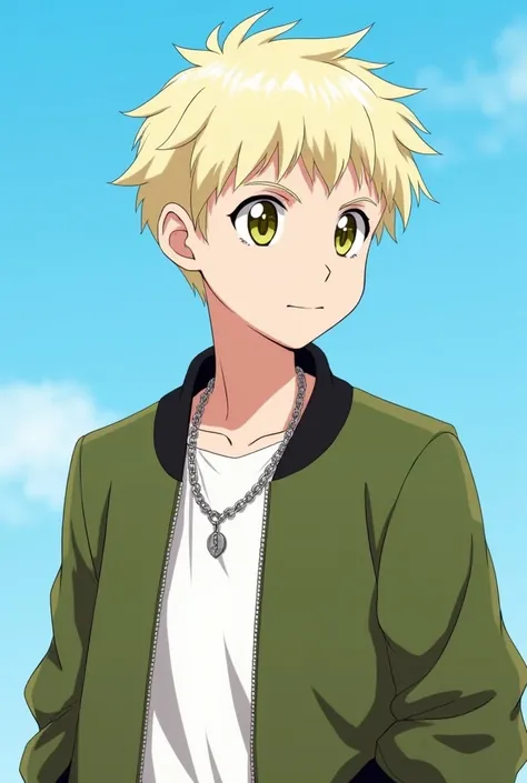 A 14-year-old androgynous boy with platinum blonde hair styled in a men's short wolf cut. He has light skin and wears a silver chain necklace. His eyes are almond-shaped with an upward slant, and they are a striking shade of yellow-green. He has a high nos...