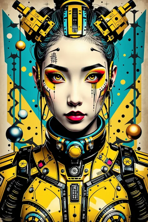 ((best quality)), ((masterpiece)), (detailed), perfect face of cyberpunk mecha japanese girl, neon yellow eyes, neon yellow body, neon yellow hair, ((monochromatic neon yellow color palette)), surreal, art nouveau, in the illustrative style of moebius, spa...