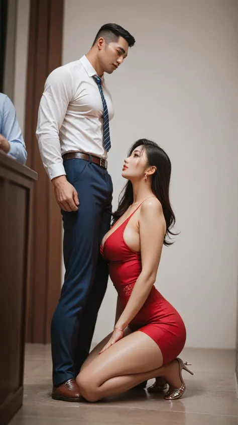 A handsome Chinese businessman and sexy woman; the man is standing; the woman is kneeling on the ground; the woman is facing the man's crotch