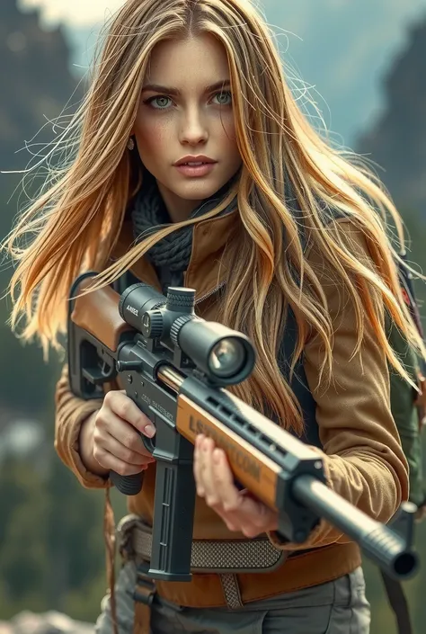 German actress age 29, smart, beautiful, sexy, blonde long hair, สวมชุดเดินป่า, holding hunter riffle, action image movie style 