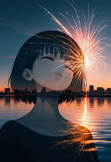  The beautiful colorful fireworks that launch in the sky over the city's beautiful lake overlap seamlessly、Double exposure photo of a black and white girl with her eyes closed 