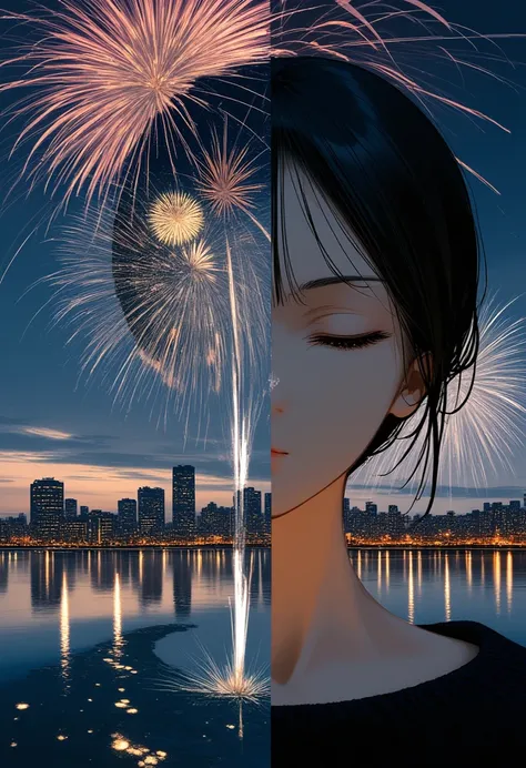  The beautiful colorful fireworks that launch in the sky over the city's beautiful lake overlap seamlessly、Double exposure photo of a black and white girl with her eyes closed 