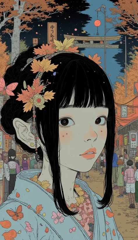 Japanese girl with leaf hair、 Seen from the Front 、From Adobe、masterpiece、 top quality、 on the forehead、  black hair、 kimono、morning glory、Lots of butterflies 々Flutter、torii、shrine、 festival 、Night Parade of One Hundred Demons、Lots of monsters、 night sky 