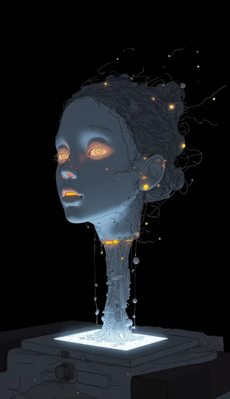   Graphic Design  ， Large Black Canvas ，Spatial Sense，blank，1 Color Glass Transparent 3D Portrait Sculpture ，Undercurrent Melting ，面部Illumination线路， simple， minimalism， beautiful girl， Soft Elegant Color，， dark background，Illumination