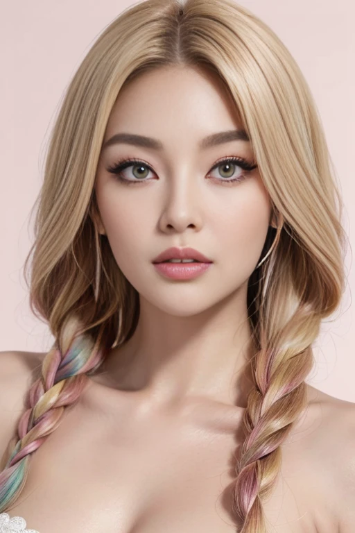 ((masterpiece)), (( top quality)), (((Right facing、Left facing、random style )))、Blonde pigtails with volumes, big hair ribbons, fluffy long hair、Curly Hair:1.2、 Princess Cut、 thick eyebrows:1.2、Gorgeous Lips、 colorful hair、((AV actress Aino Nami herself ) ...