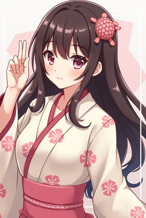  Make me an image in the style of Kimetsu no Yaiba ,  a ager,  semi-black brown hair ,  long hair, cream and pink eyes ,  using a pink turtle accessory in her hair ,  with a semi-cream white haori with pink turtle motifs.