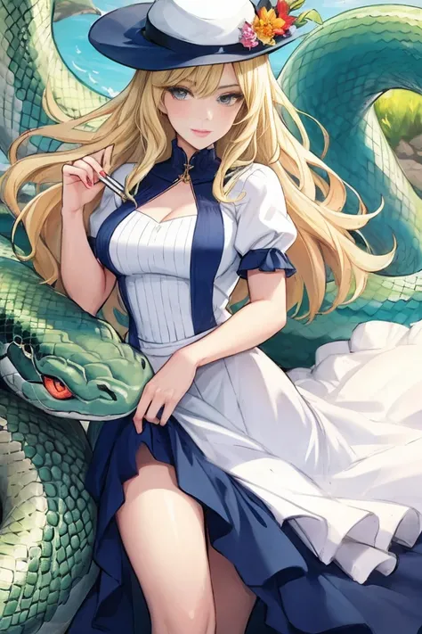  beautiful woman , dress 、snake、hat、 blonde、 sideways、