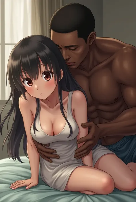 A Japanese girl is tied to a bed 、 and a big black man is touching her　8k.Big Breasts