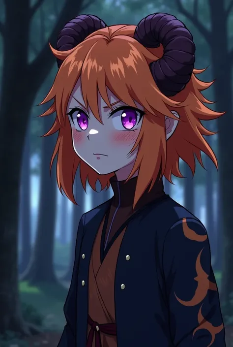 Make me an image in the Kimetsu no Yaiba style, of a demon with a foreign appearance, That she has orange hair and purple eyes, Make him look like a 16-year-old,  that does not have horns or spots on your face, And that he is in a dark forest with an evil ...