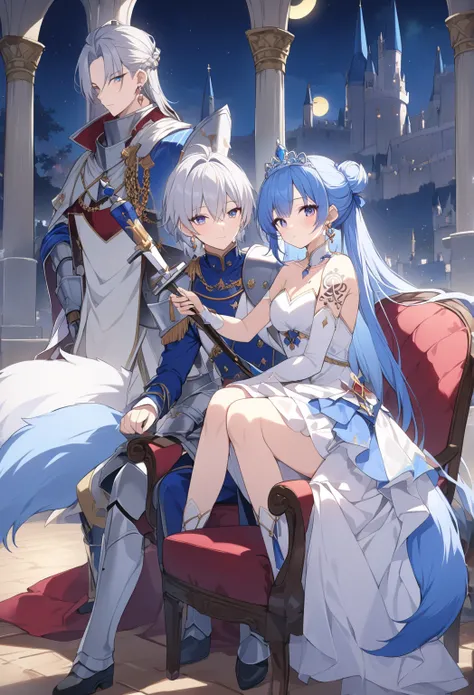  top quality, Super Detail,
((1stgirl、Blue Hair、 bun hair、Princess、 tiara 、 sitting on a chair、 Blue and White Dress 、Earrings))(1stboy、 long silver hair、A knight who looks like a prince 、 hair about shoulder length、Tattoo、Standing next to me、Earrings、 has...