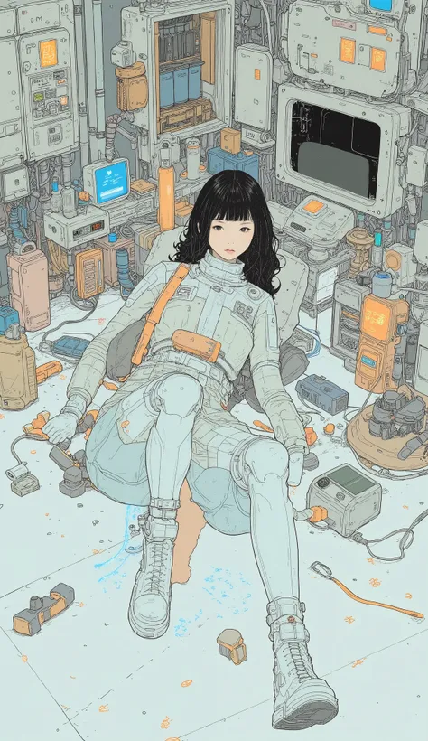  live action、Genuine、A very beautiful Japanese woman in a light blue and beige spacesuit、Woman lying on a pure white floor、 has multiple boards glued together on the white floor .、Joints glow blue、whole body、Woman lying on the floor、Objects placed around h...