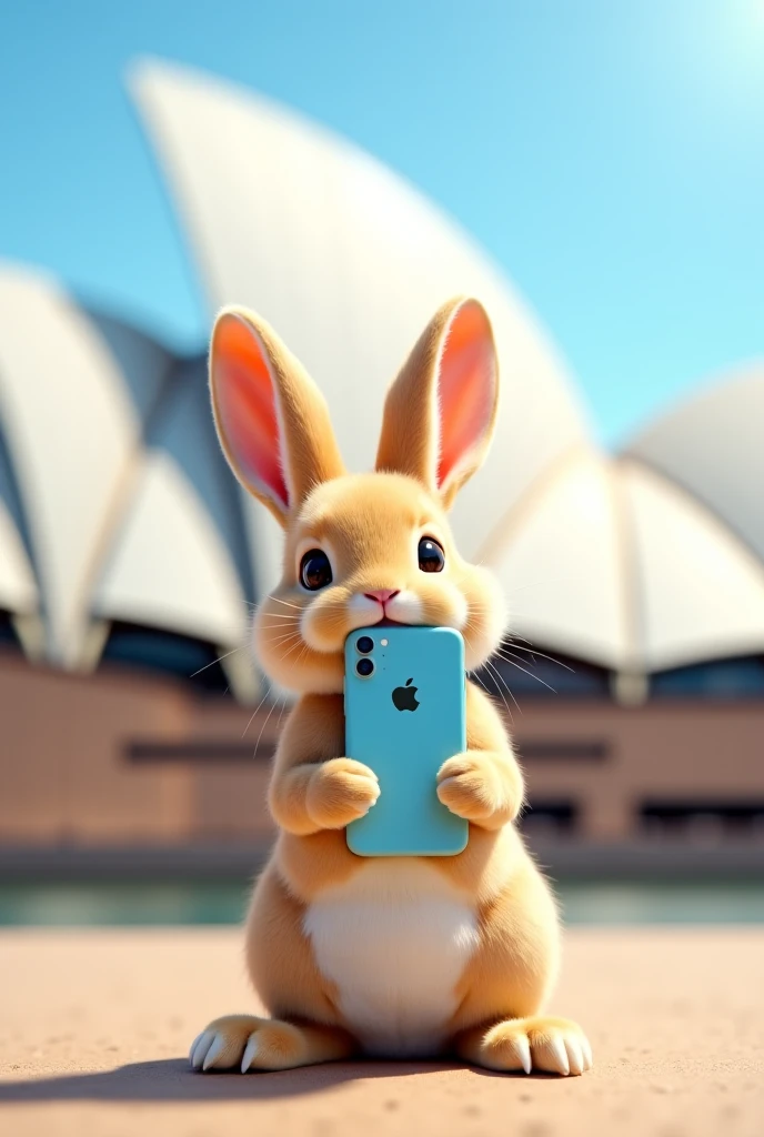 Cute lovely beige rabbit infront of opera house Sydney holding skyblue Iphone