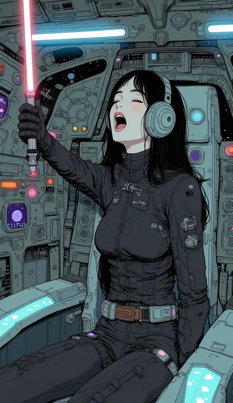  mad cockpit holding a lightsaber、  futuristic suit 、22 years old、woman、solo、  black hair、The gauge lights up、 full face helmet、Look up diagonally and scream 、 Dynamic Poses for Play、 shot from above with a wide angle lens。
